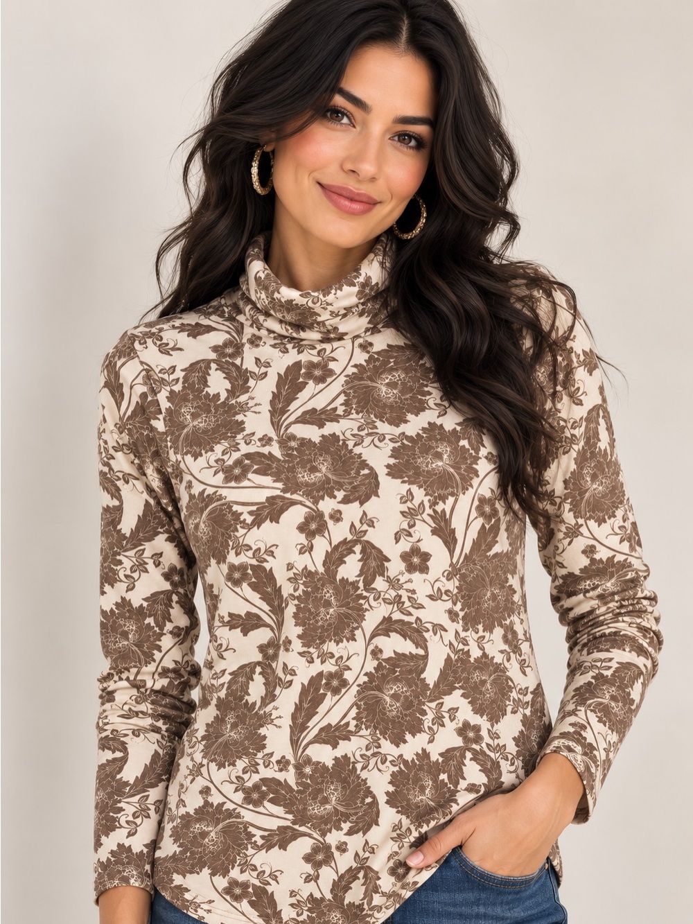 Ann Taylor Factory Cream and Brown Floral Turtleneck Sweater Medium